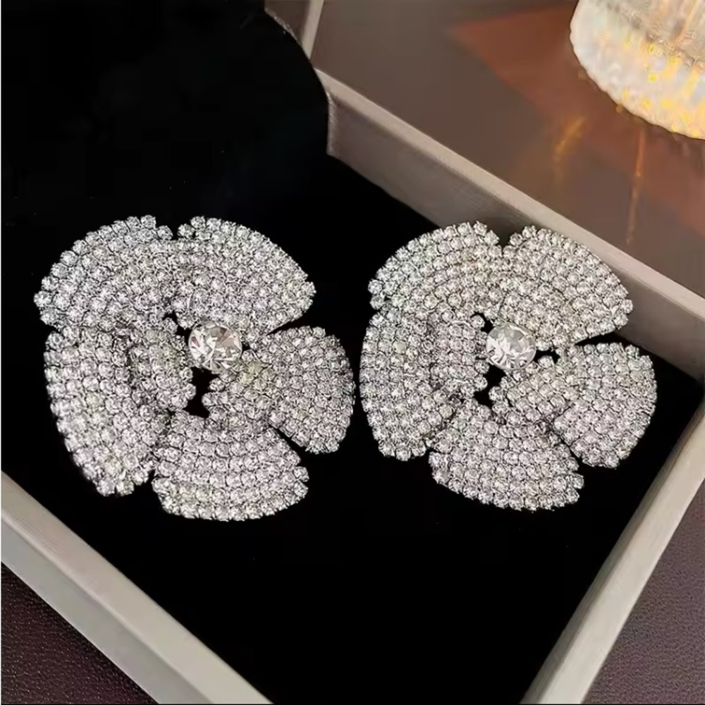 Large Sterling Silver CZ Floral Earrings